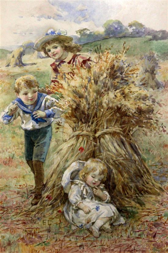 E.L. circa. 1900 Children beside a corn stack 10 x 7in.